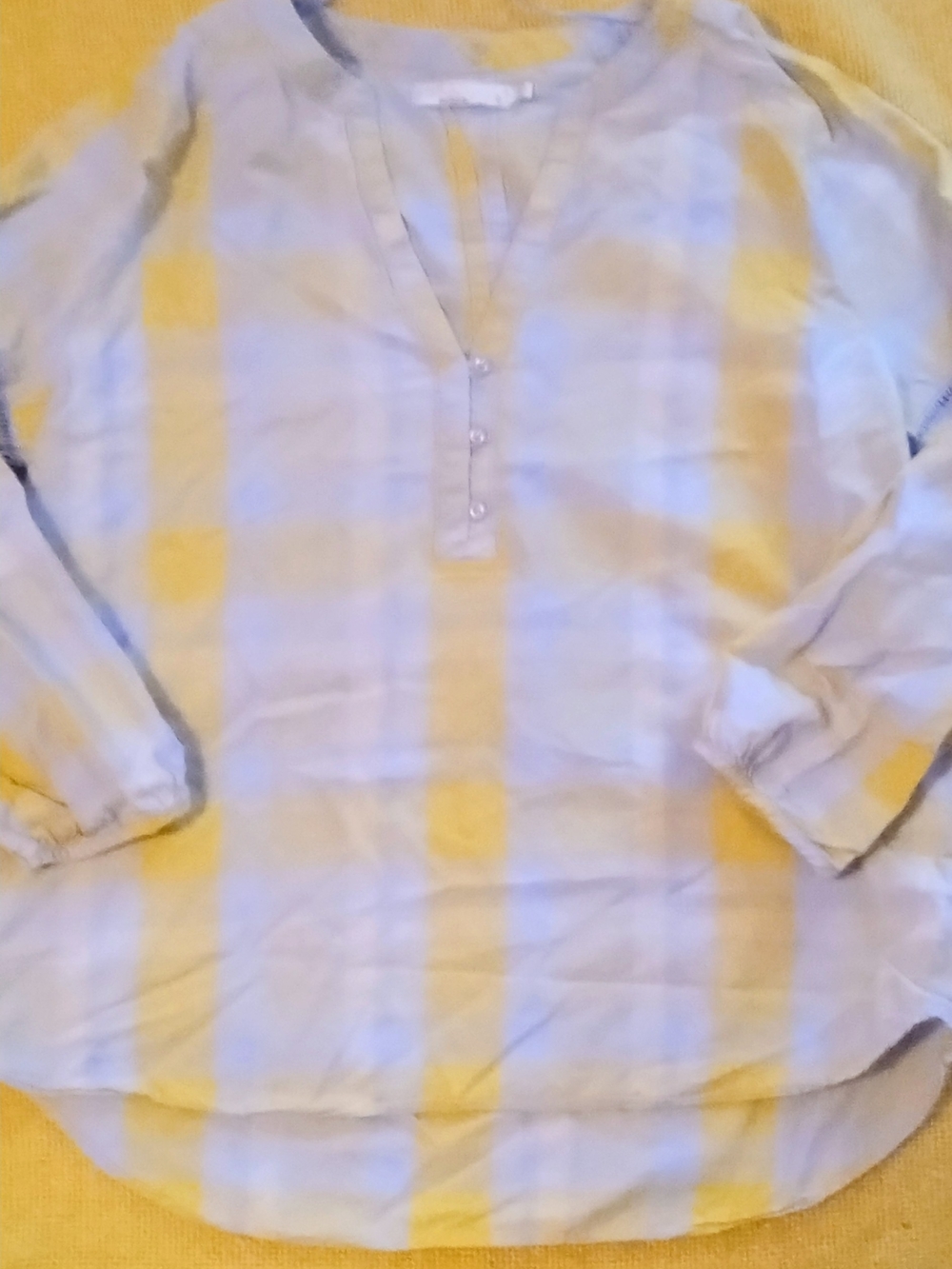 Prana Men's Light Blue and Yellow Plaid Button Henley Shirt